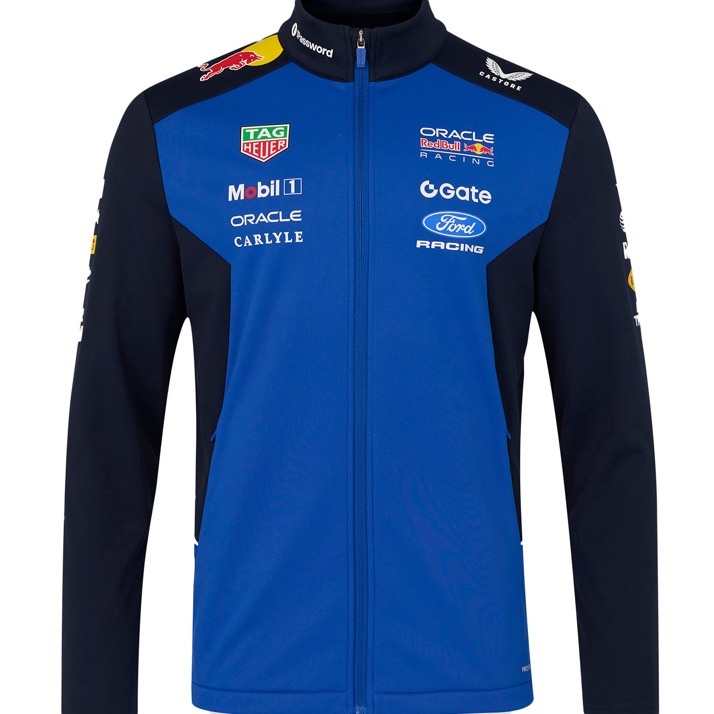 Blue and black ford racing redbull racing jacket with various brand logos on a white background