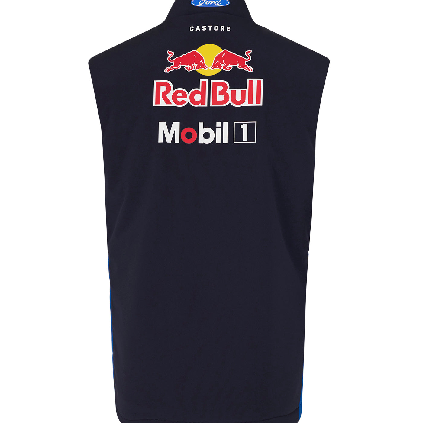 Black sleeveless jacket with Red Bull and Mobil 1 logos on a white background