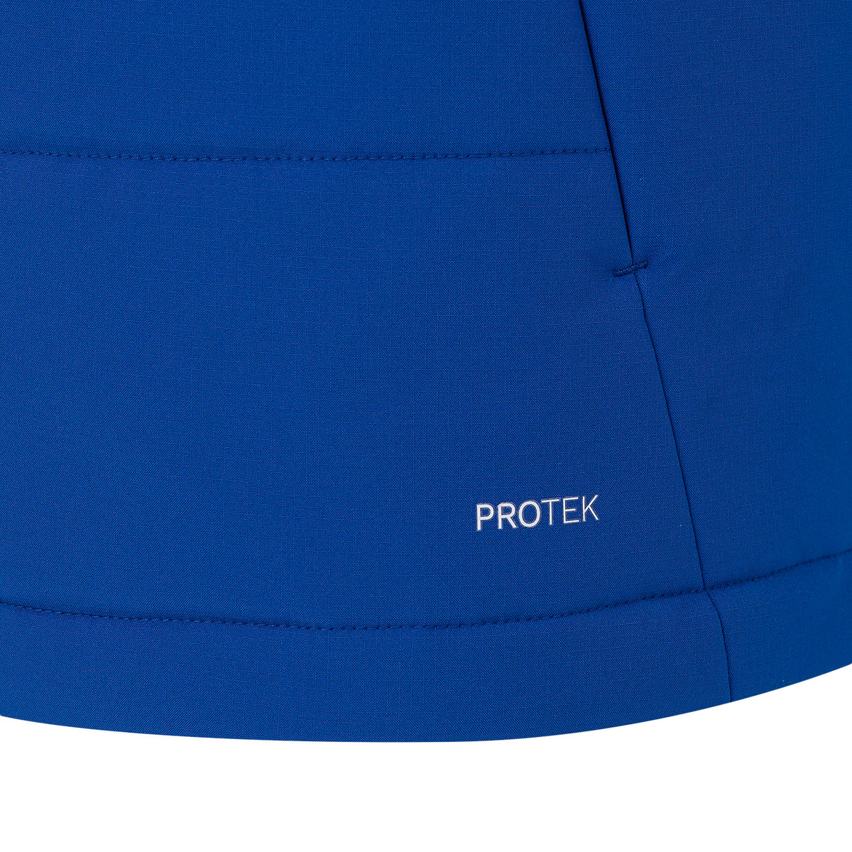 Close-up of a blue fabric with 'PROTEK' branding on a white background