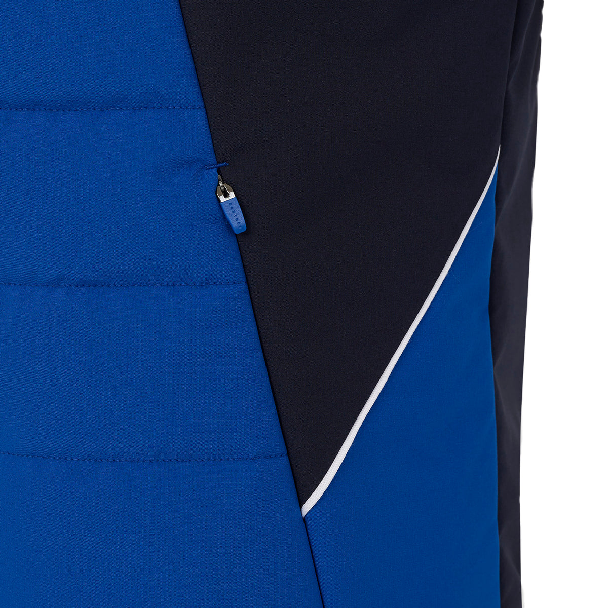Close-up of a blue and black jacket with a zipper detail on a white background