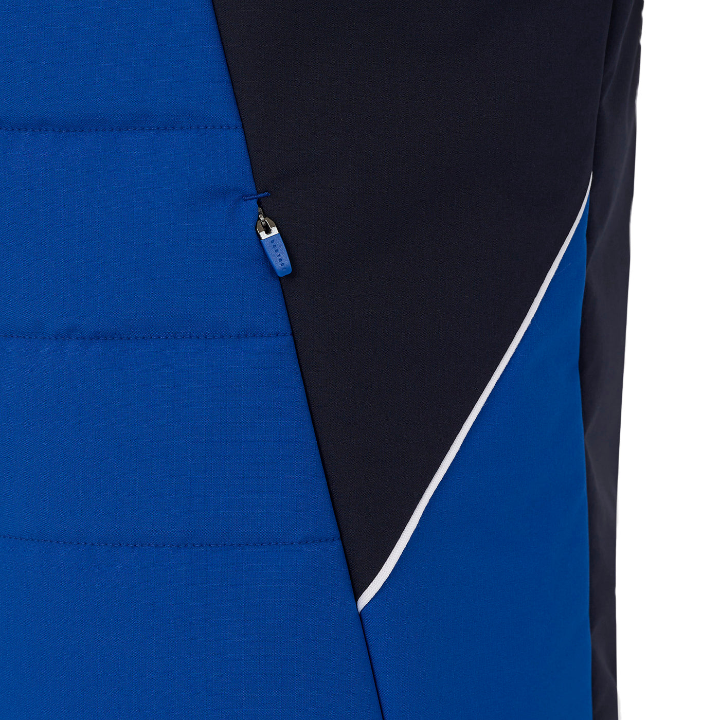 Close-up of a blue and black jacket with a zipper detail on a white background