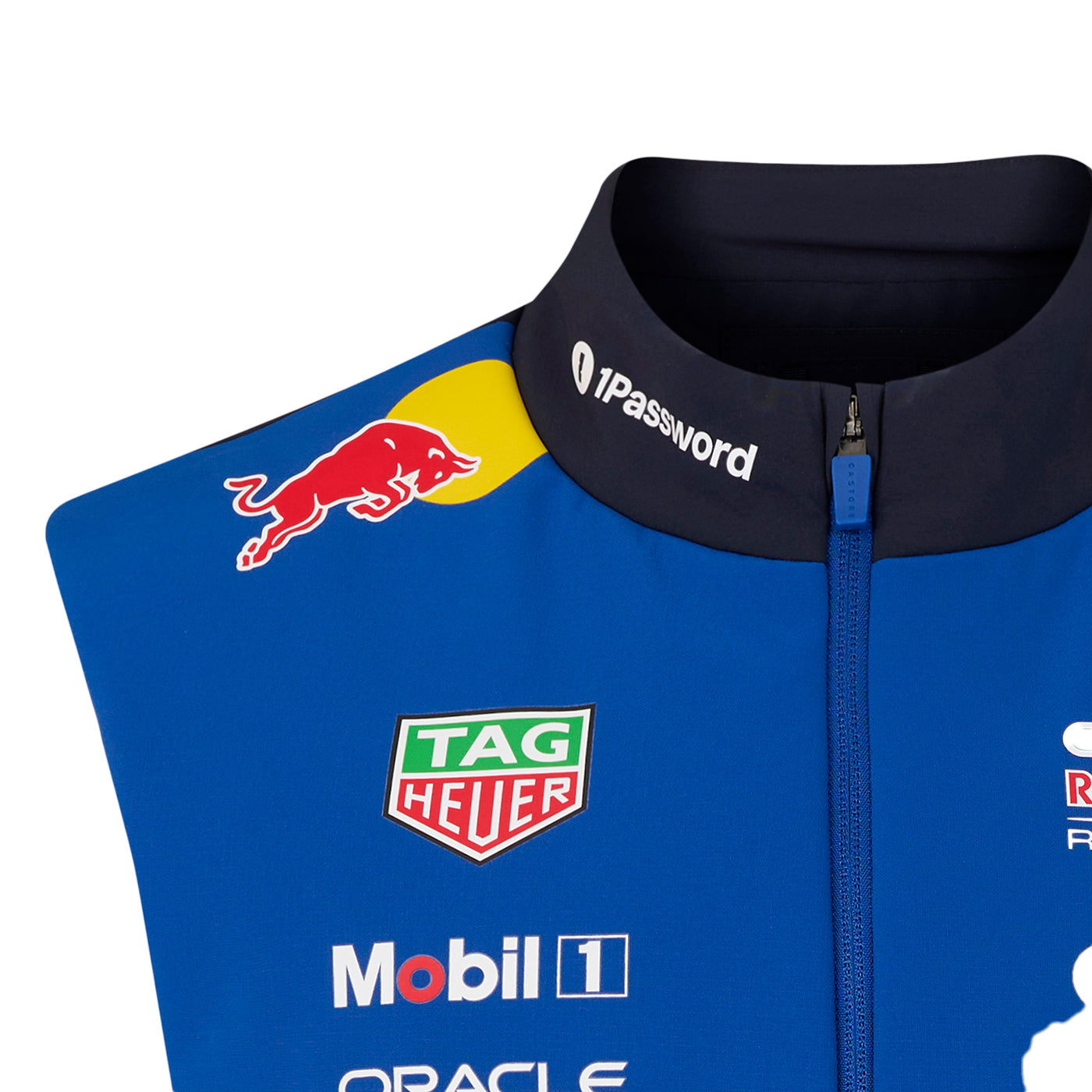 Blue racing FORD vest with various brand logos on a white background
