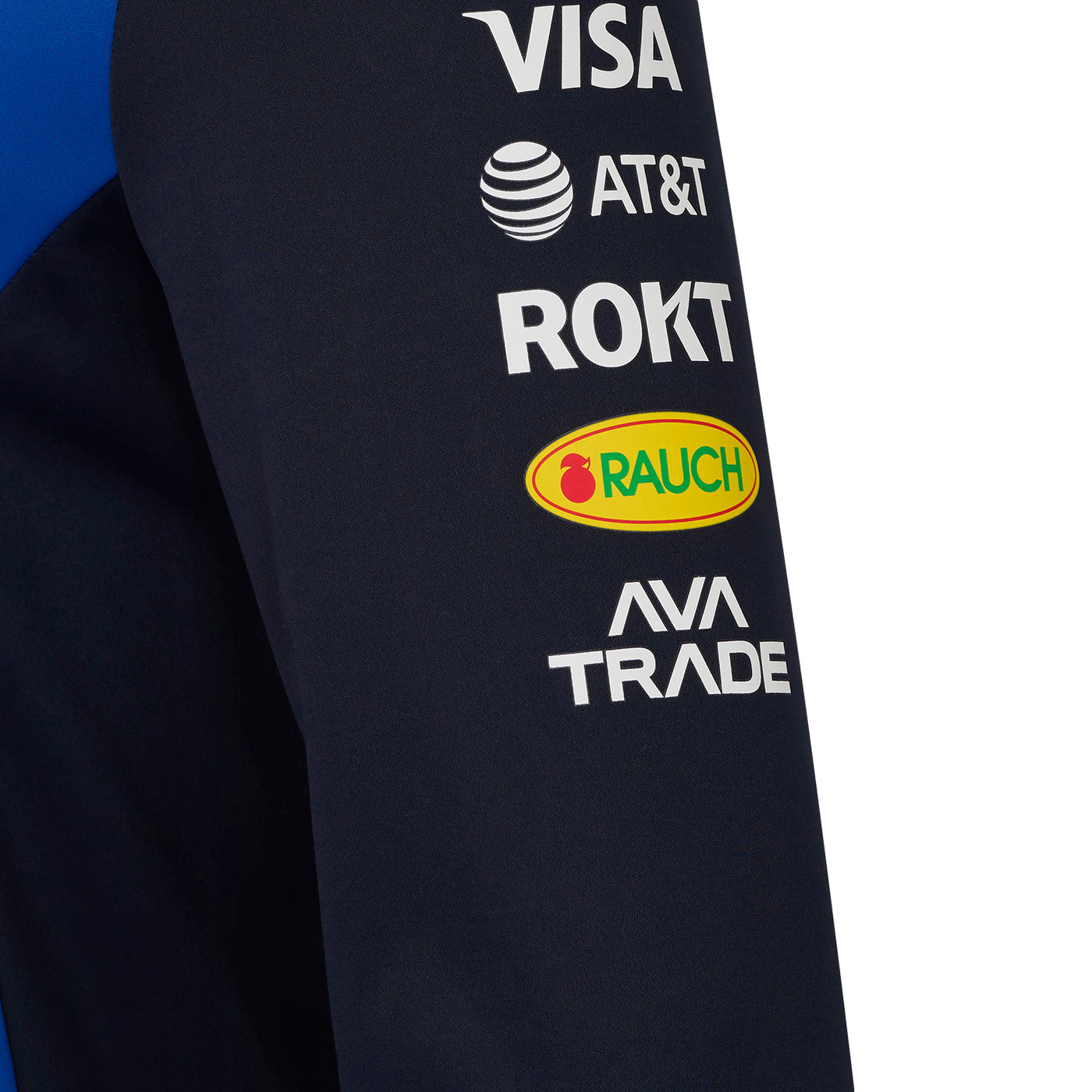 Black sleeve with various logos including Visa, AT&T, ROKT, Rauch, and AVA TRADE on a blue background.