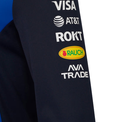 Black sleeve with various logos including Visa, AT&T, ROKT, Rauch, and AVA TRADE on a blue background.