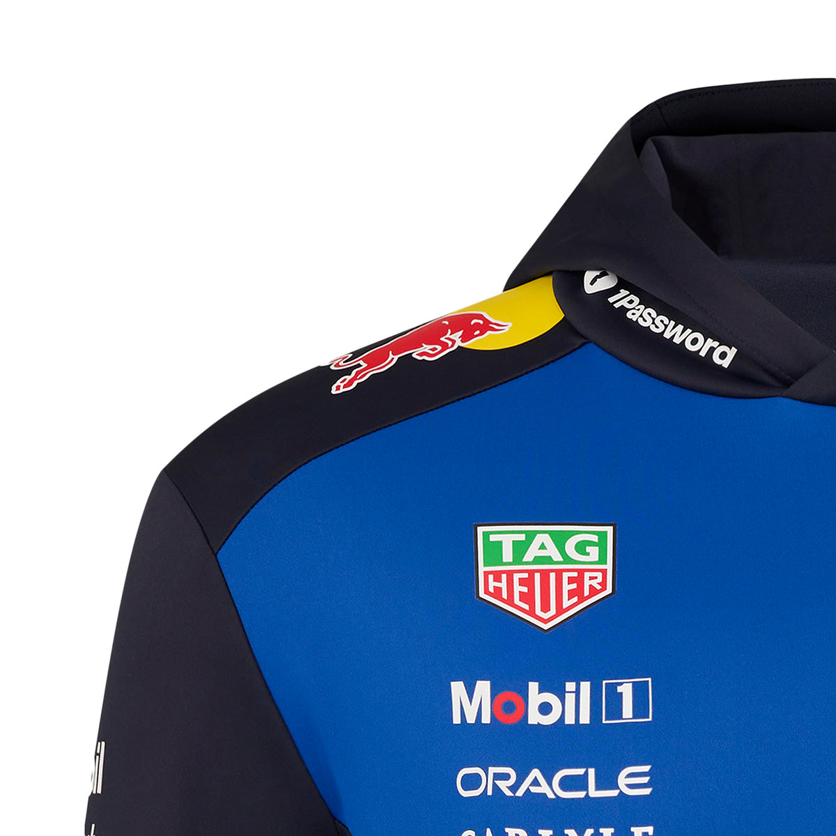 Close-up of a blue and black sports jacket with various brand logos on a white background
