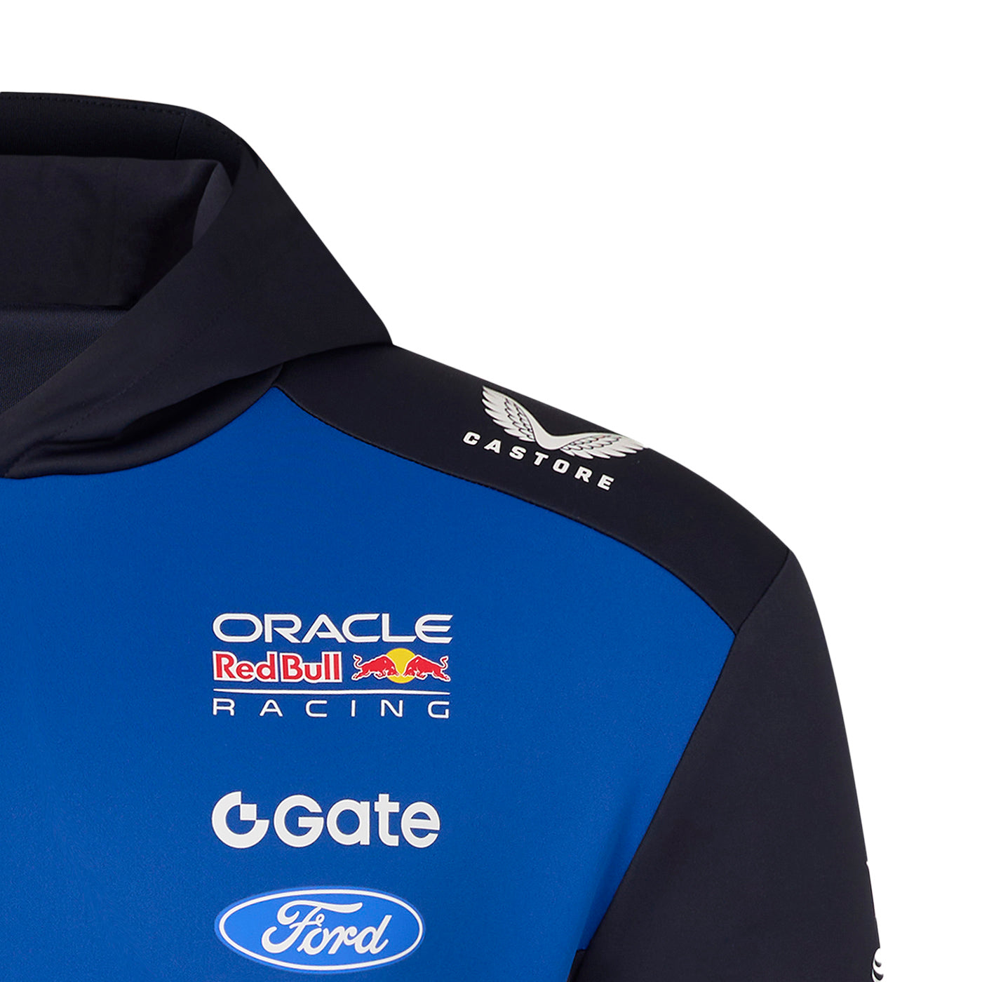 Blue and black jacket with Oracle Red Bull Racing, Gate, and Ford logos on a white background