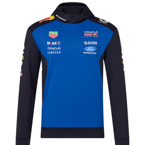 Blue and black ford racing oracle redbull hoodie with various brand logos on a white background