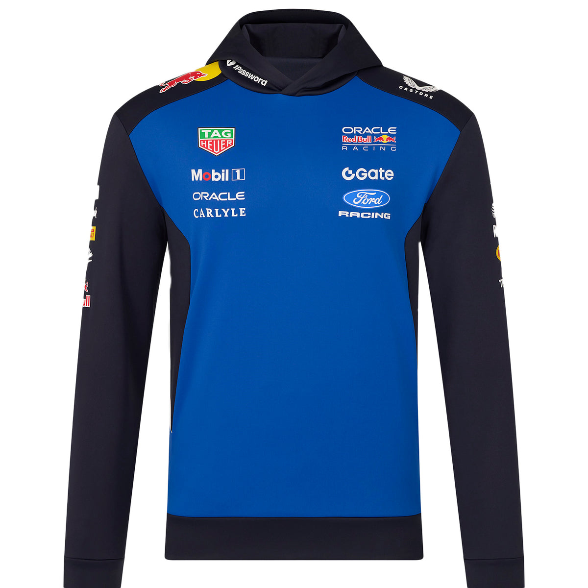 Blue and black ford racing oracle redbull hoodie with various brand logos on a white background