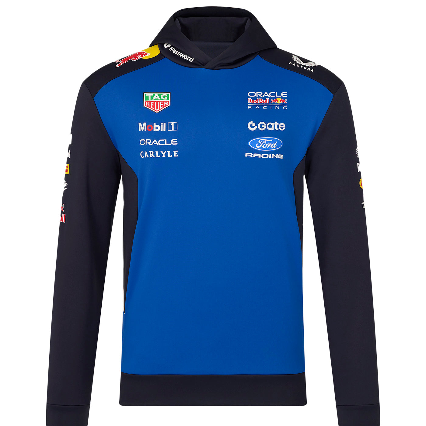 Blue and black ford racing oracle redbull hoodie with various brand logos on a white background