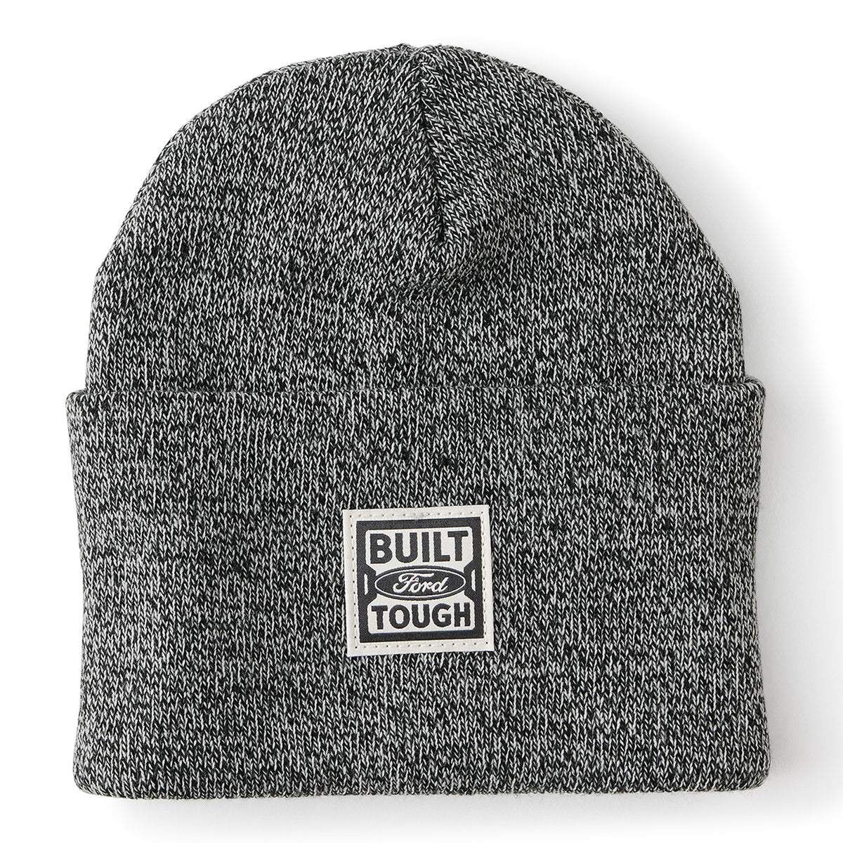 Gray knit beanie with 'Built Ford Tough' logo on a white background