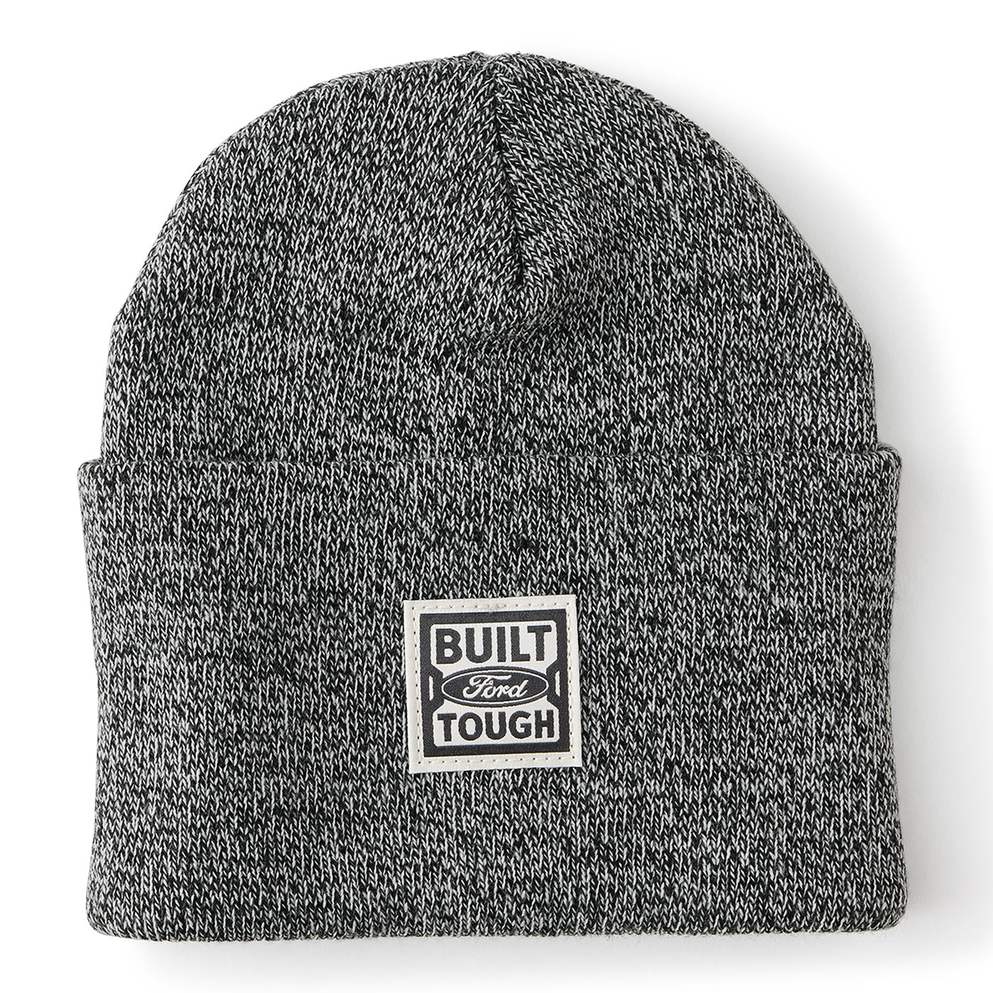 Gray knit beanie with 'Built Ford Tough' logo on a white background