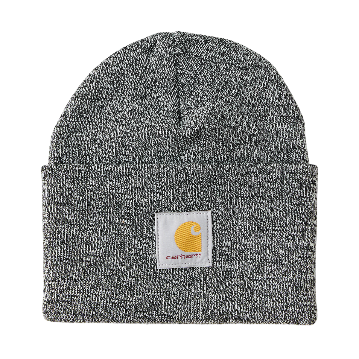 Gray knit beanie with Carhartt logo on a white background
