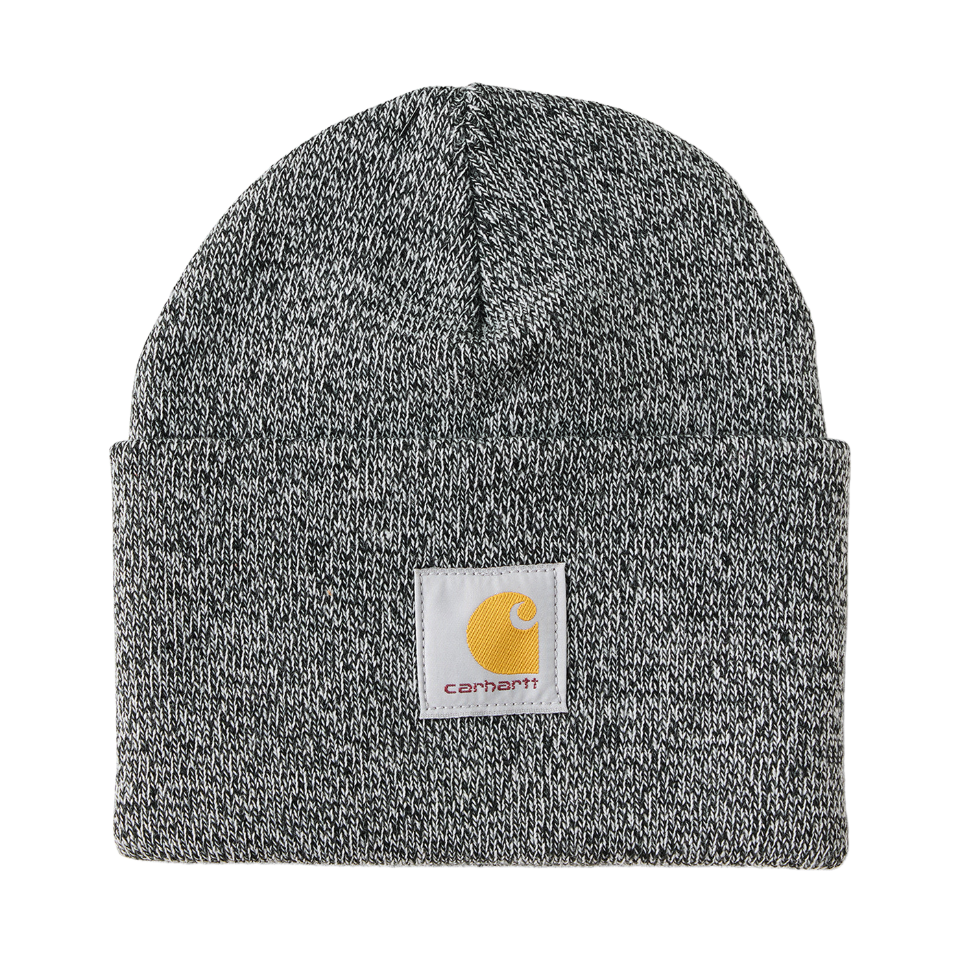 Gray knit beanie with Carhartt logo on a white background