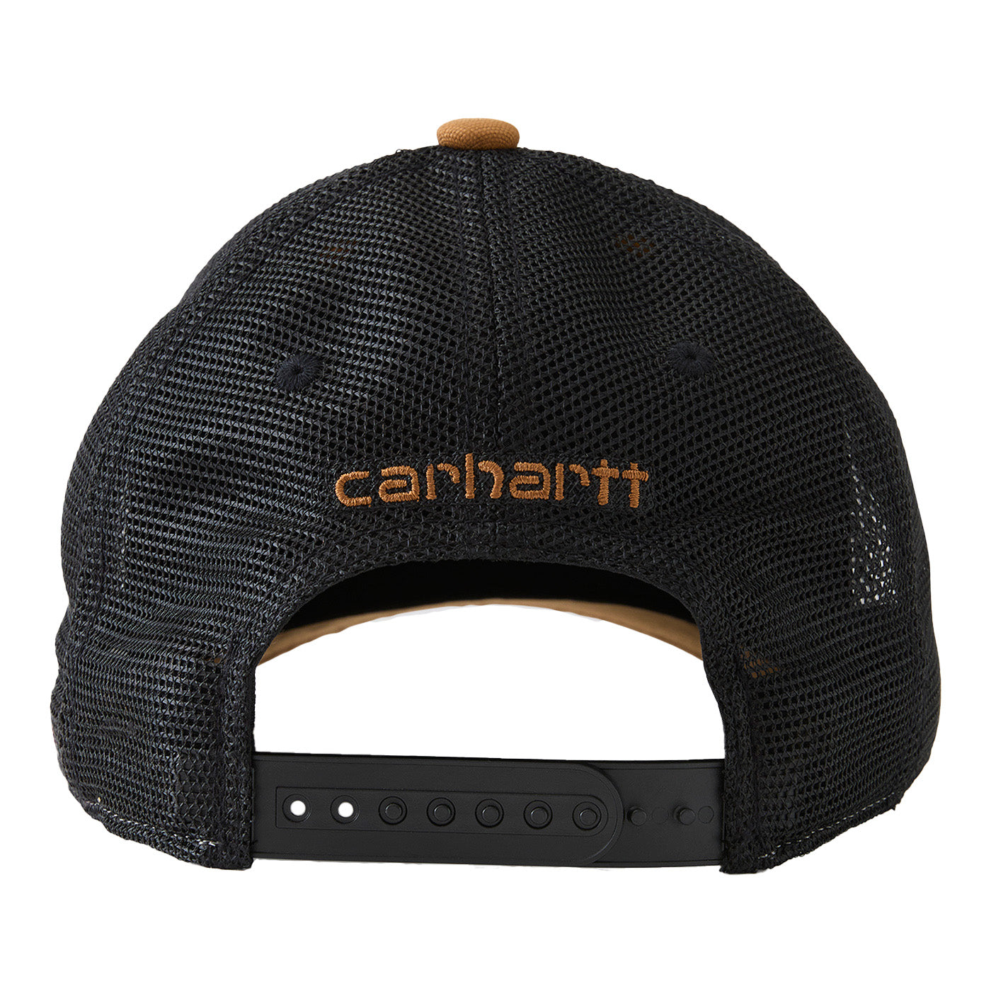 Black mesh cap with brown brim and Carhartt logo on a white background