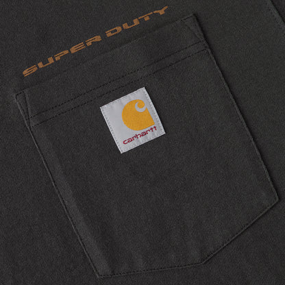 Close-up of a black pocket with 'Super Duty' text and Carhartt logo.