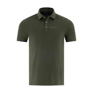 Green polo shirt with a brand logo on a white background