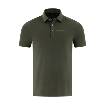 Green polo shirt with a brand logo on a white background