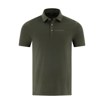 Green polo shirt with a brand logo on a white background