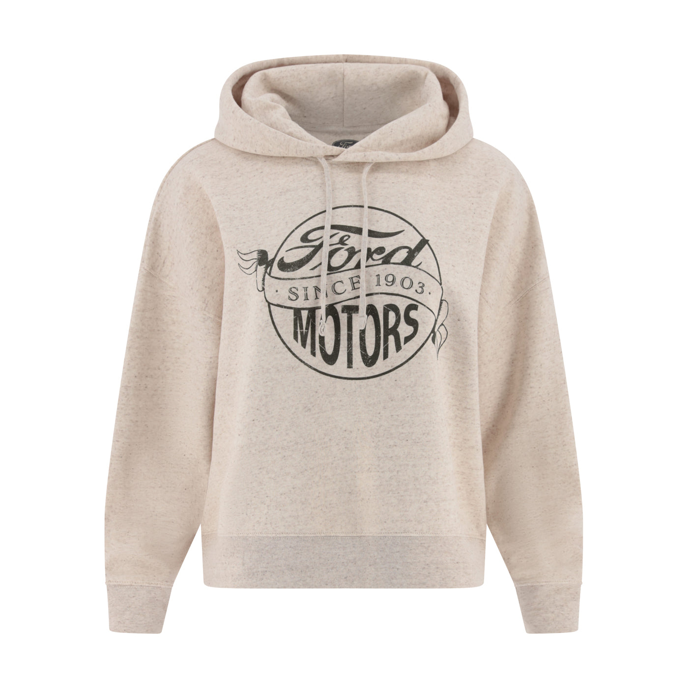 Beige hoodie with Ford Motors logo on a white background