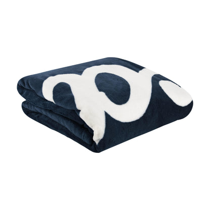 Folded navy blanket with a large white ford logo on a white background