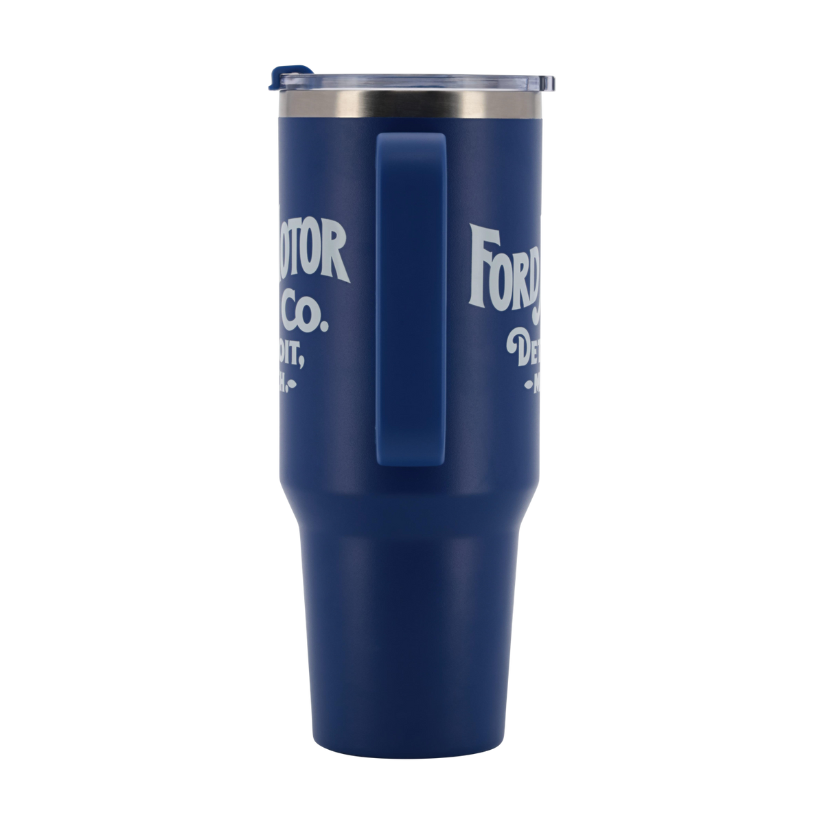 Blue tumbler with 'Ford Motor Co.' text on a white background