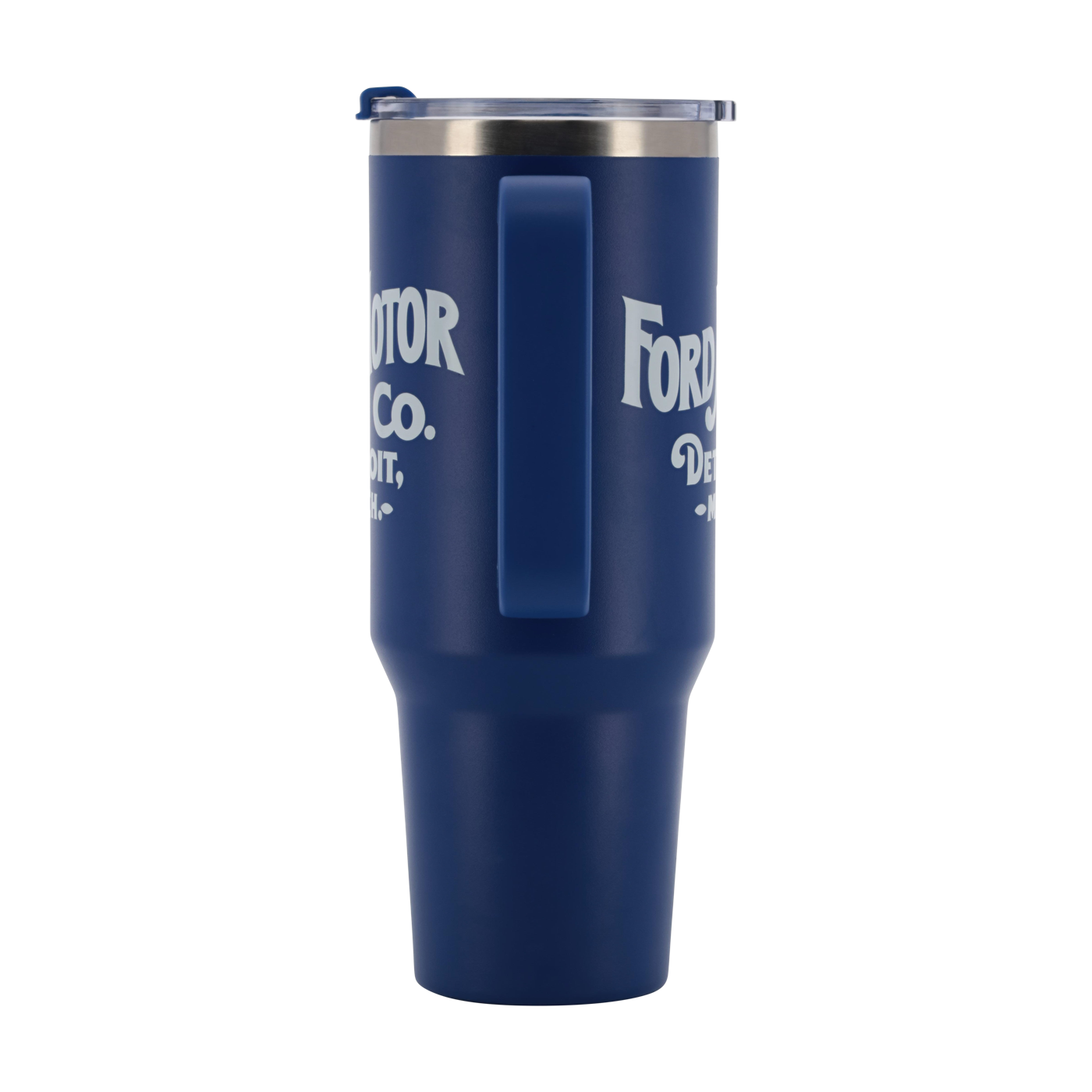 Blue tumbler with 'Ford Motor Co.' text on a white background
