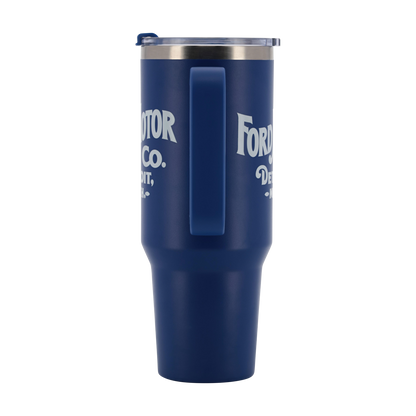 Blue tumbler with 'Ford Motor Co.' text on a white background