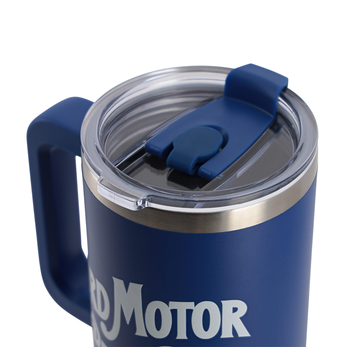 Blue insulated mug with handle and 'Motor' branding on a white background
