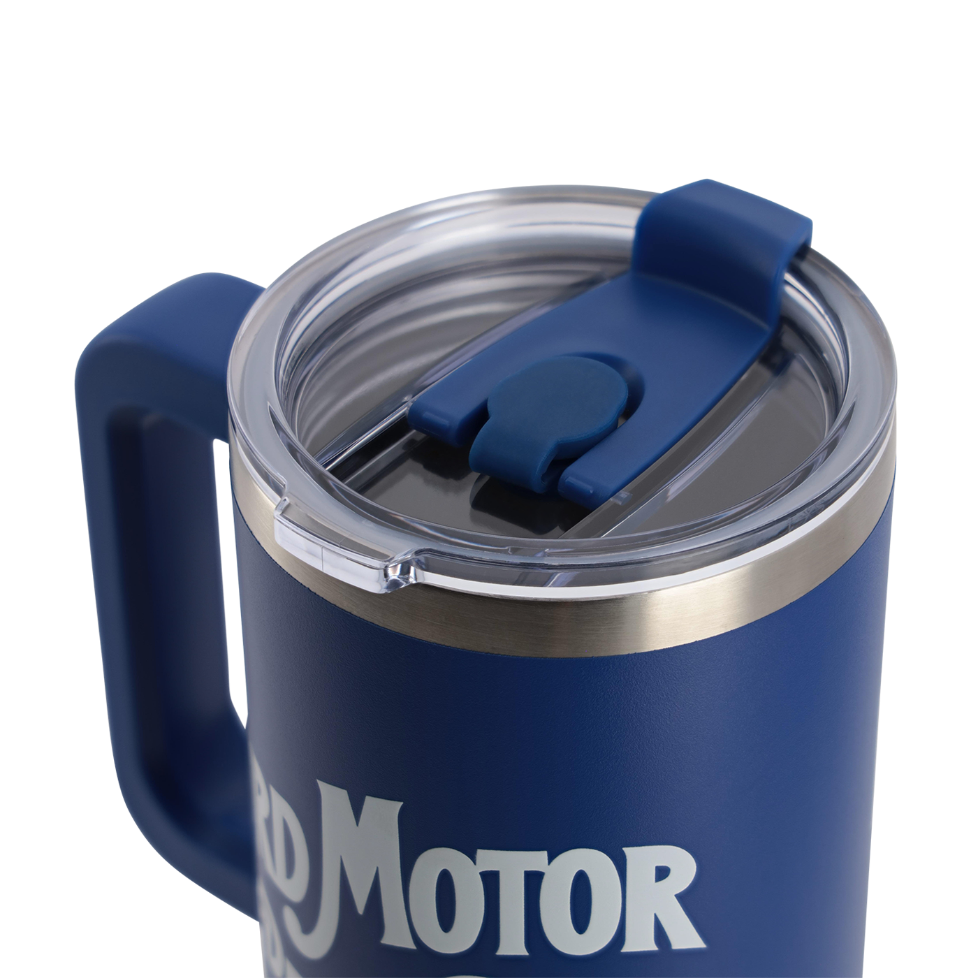 Blue insulated mug with handle and 'Motor' branding on a white background