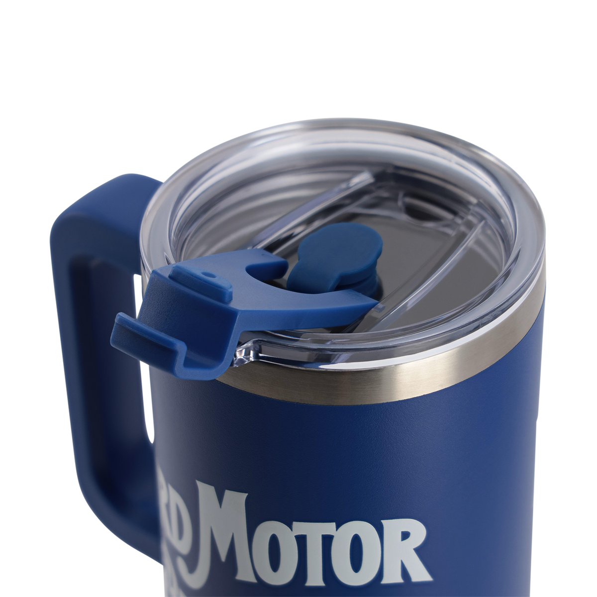 Blue insulated mug with a clear lid and blue handle on a white background