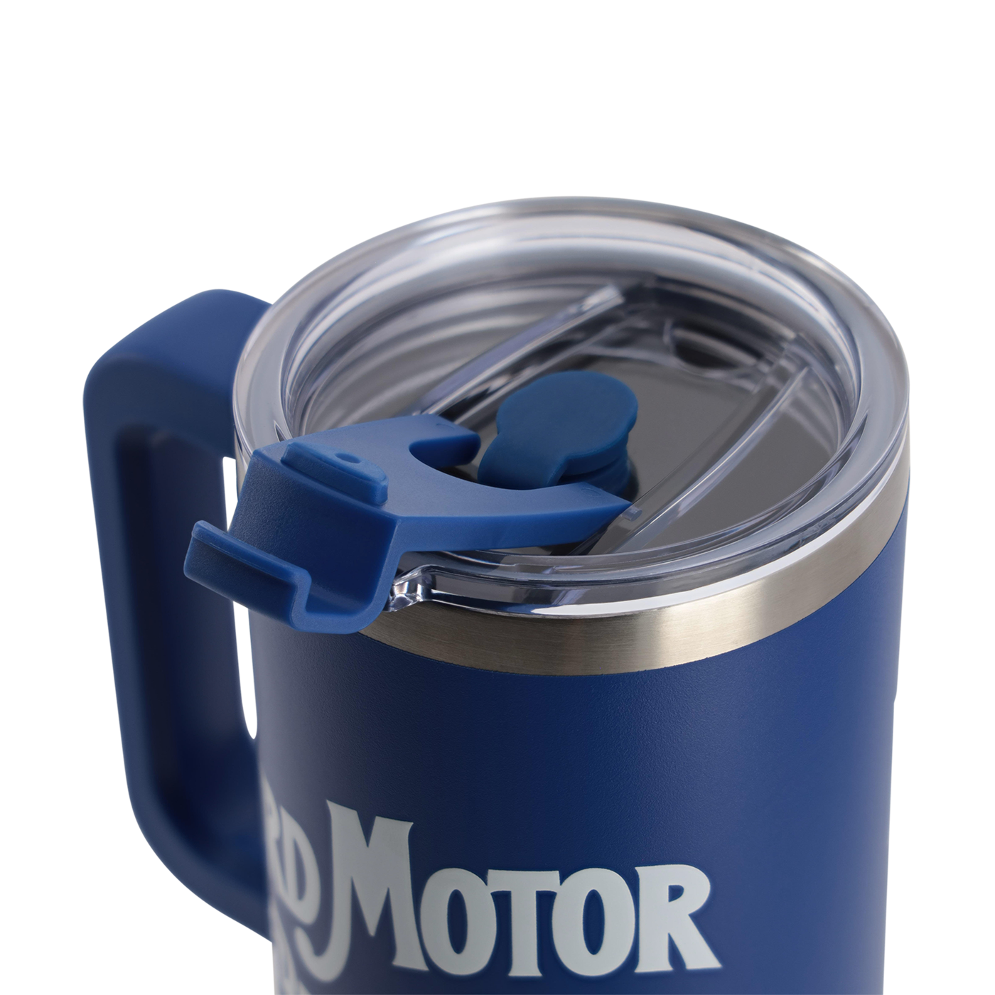 Blue insulated mug with a clear lid and blue handle on a white background