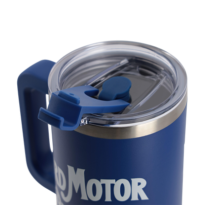 Blue insulated mug with a clear lid and blue handle on a white background