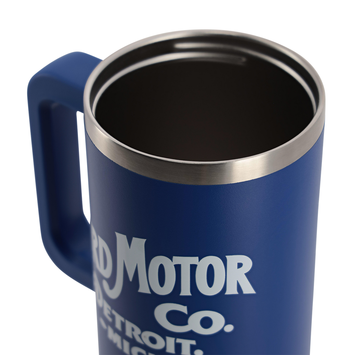 Blue travel mug with 'Ford Motor Co.' text on a white background