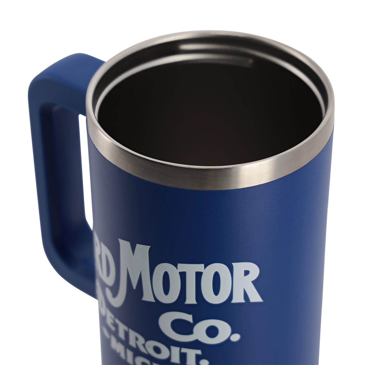 Blue travel mug with 'Ford Motor Co.' text on a white background