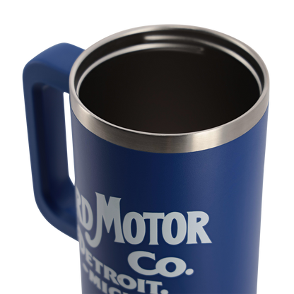 Blue travel mug with 'Ford Motor Co.' text on a white background
