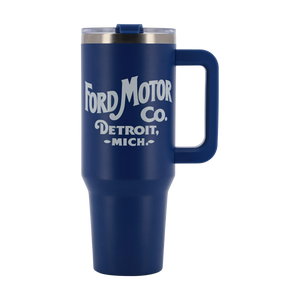 Blue travel mug with 'Ford Motor Co. Detroit, Mich.' text on a white background