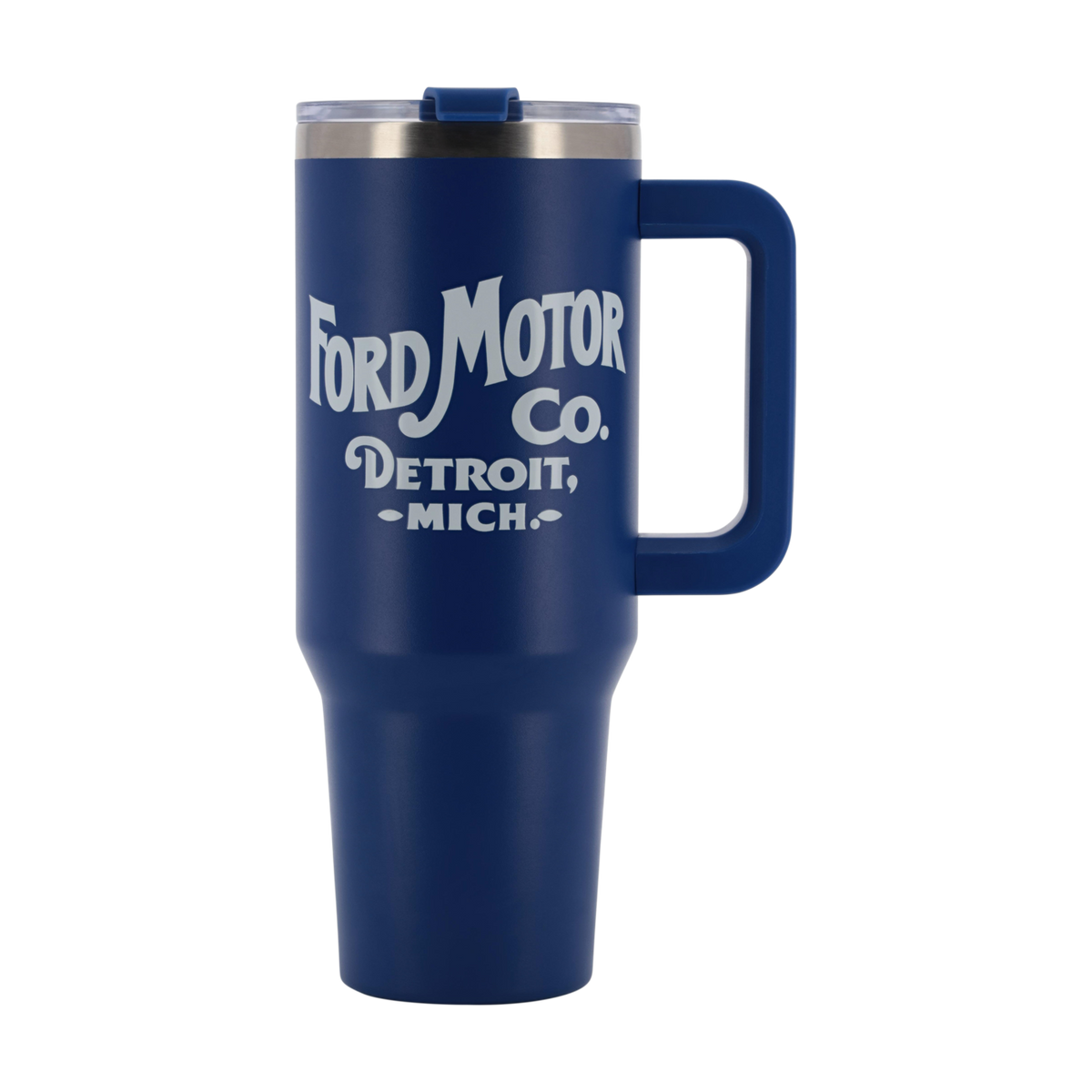 Blue travel mug with 'Ford Motor Co. Detroit, Mich.' text on a white background