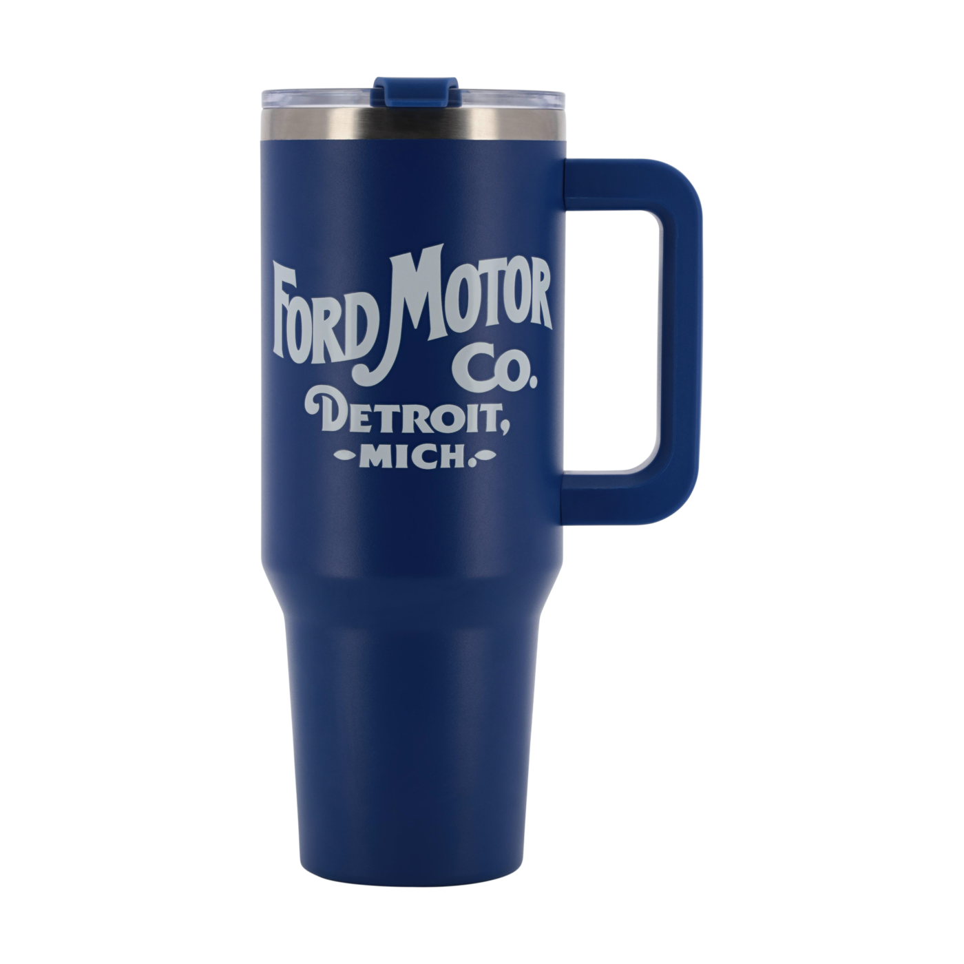 Blue travel mug with 'Ford Motor Co. Detroit, Mich.' text on a white background