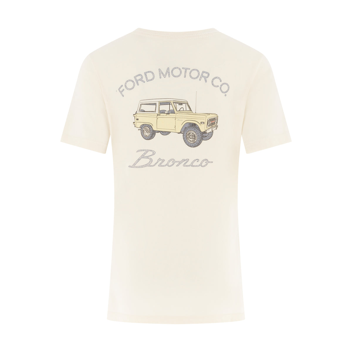 White t-shirt with Ford Bronco graphic on a white background