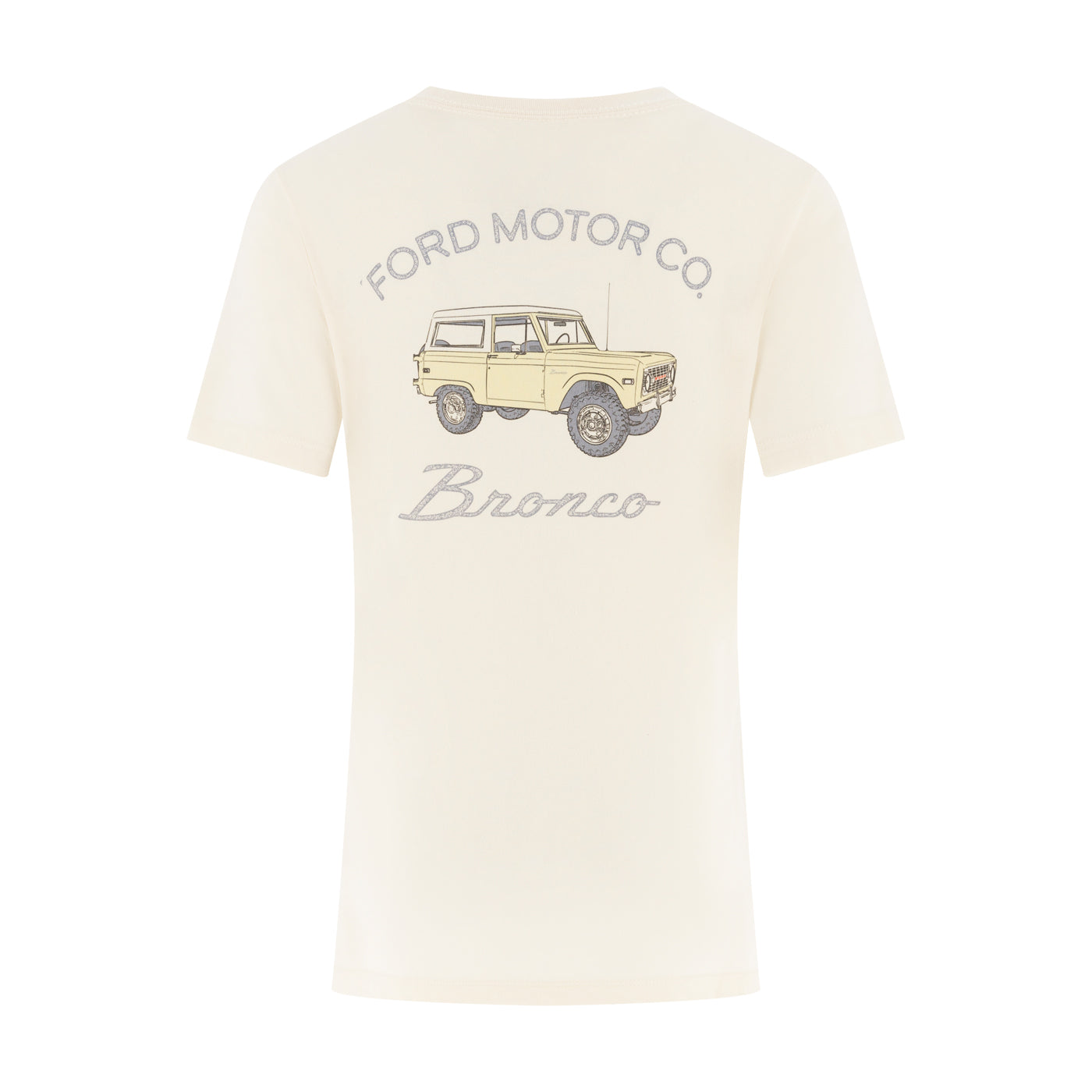 White t-shirt with Ford Bronco graphic on a white background