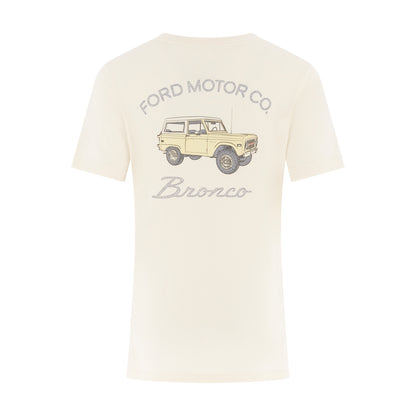 White t-shirt with Ford Bronco graphic on a white background