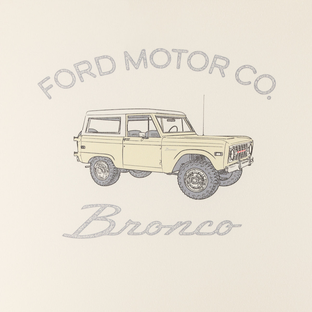 Illustration of a vintage Ford Bronco with 'Ford Motor Co.' text on a beige background
