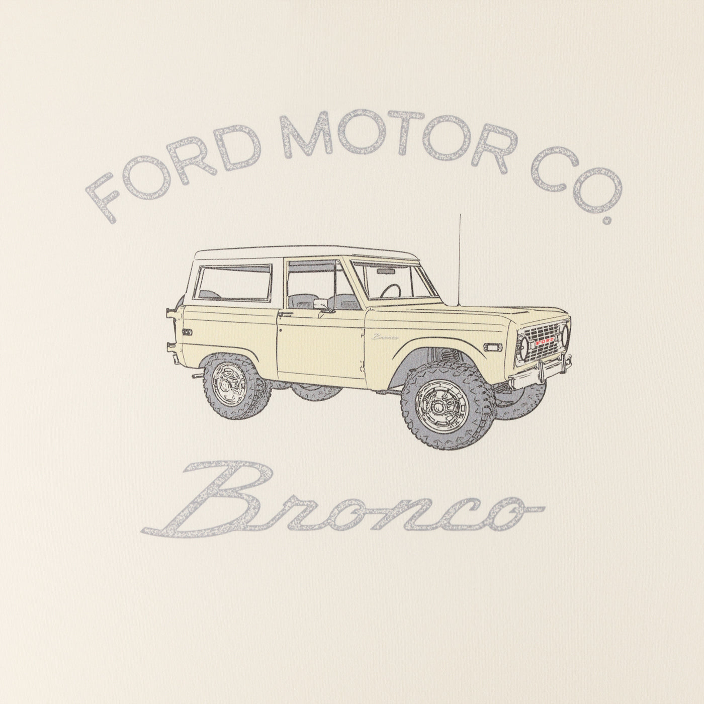 Illustration of a vintage Ford Bronco with 'Ford Motor Co.' text on a beige background