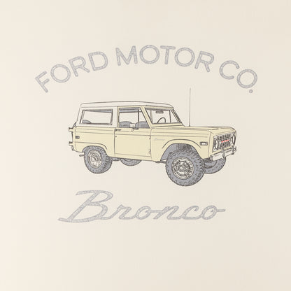 Illustration of a vintage Ford Bronco with 'Ford Motor Co.' text on a beige background