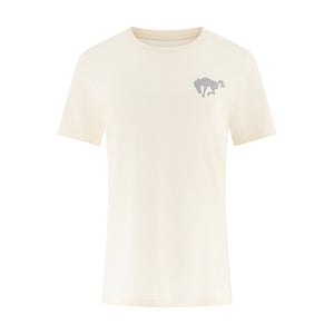 Beige t-shirt with a small logo on a white background