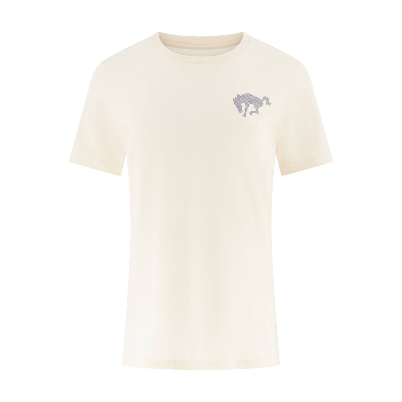 Beige t-shirt with a small logo on a white background