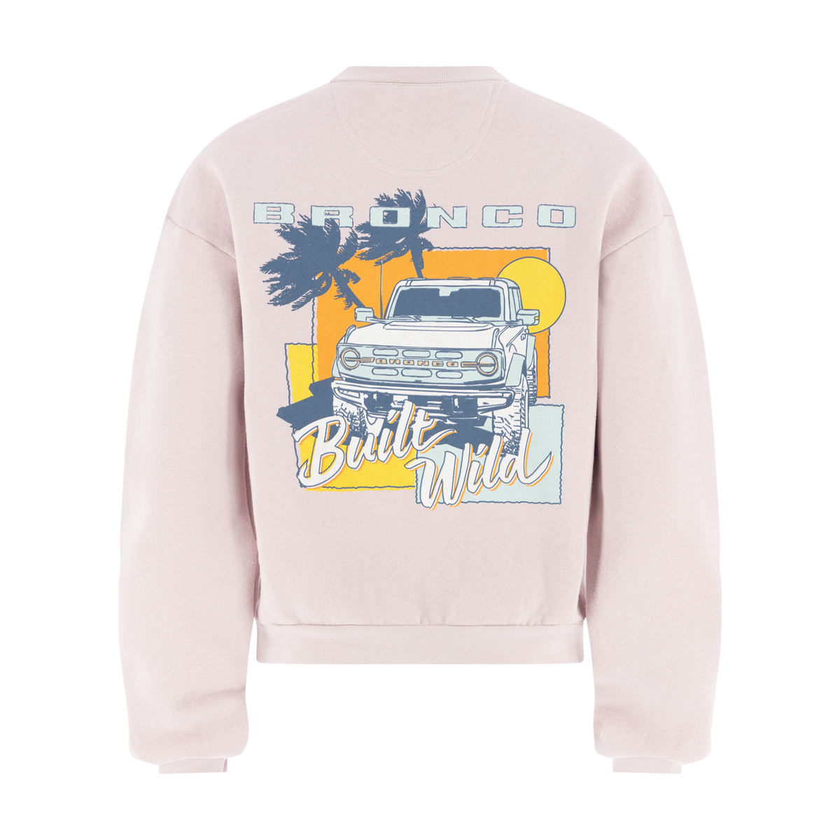 Pink sweatshirt with Ford Bronco graphic on a white background