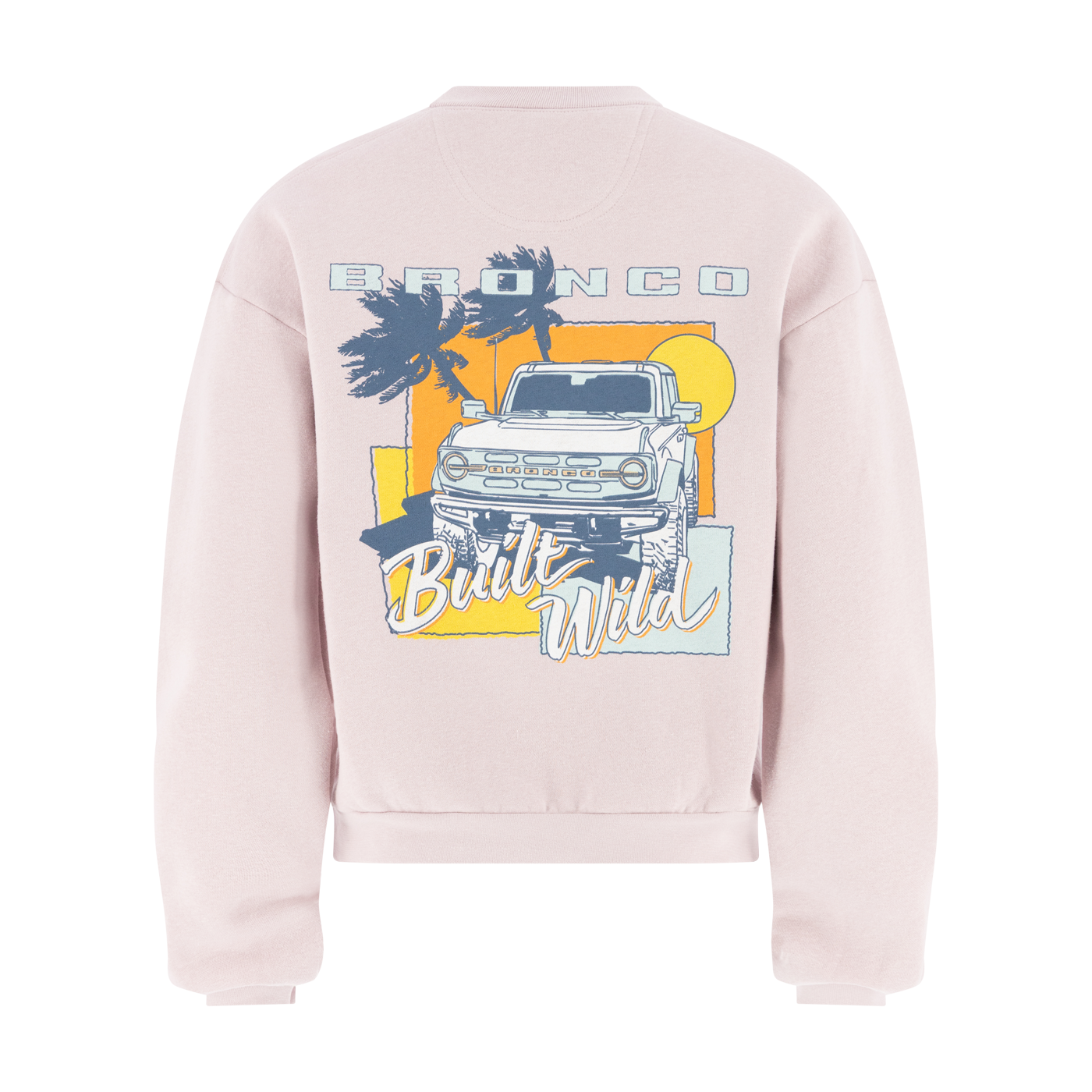 Pink sweatshirt with Ford Bronco graphic on a white background