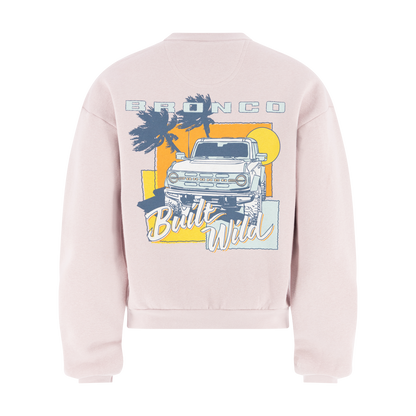Pink sweatshirt with Ford Bronco graphic on a white background