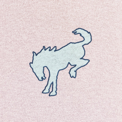 Blue outline of a bronco horse on a pink textured background